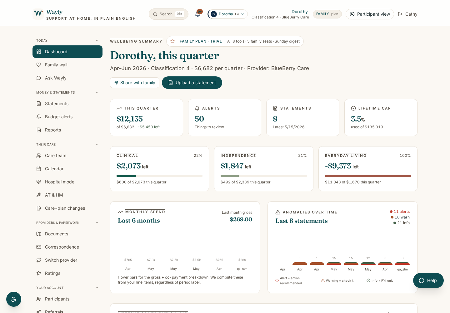 Wayly dashboard preview showing statement decoding, quarterly pacing and invoice checker at a glance.